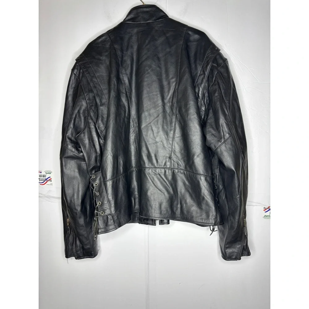 Mens‎ Black Genuine Leather Motorcycle Jacket Side Lace Up Biker Size 52 YKK Zip